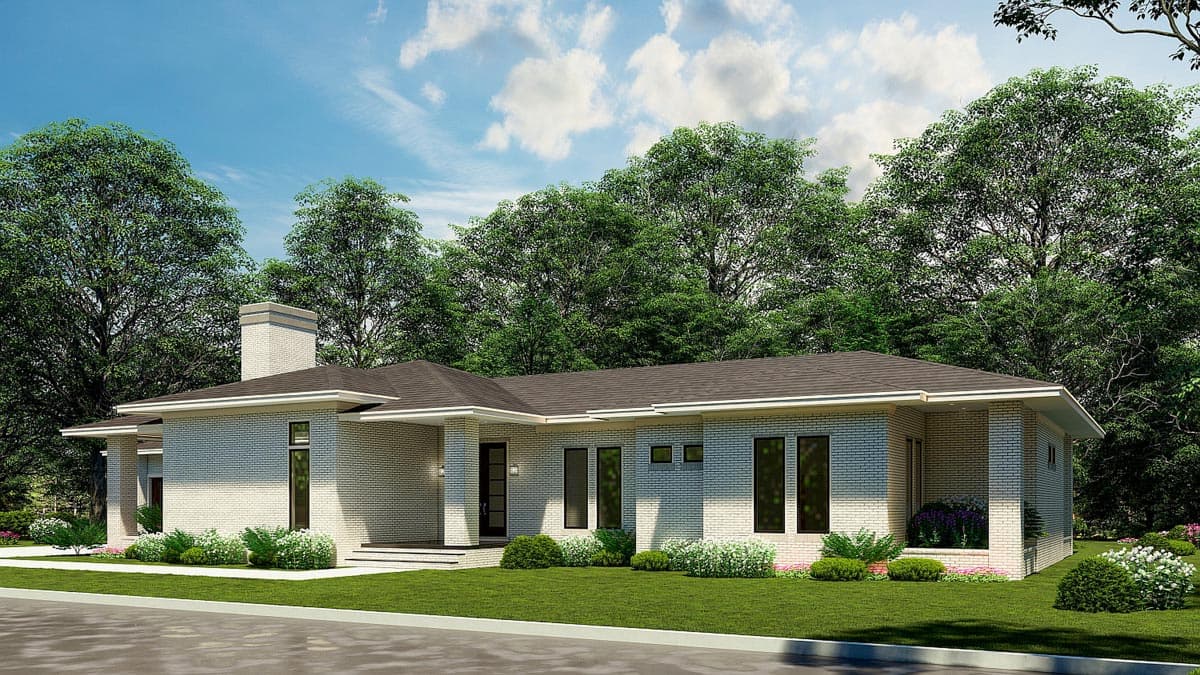 Modern house plan exterior with white brick, low-pitched roof, prominent chimney, and covered porch.