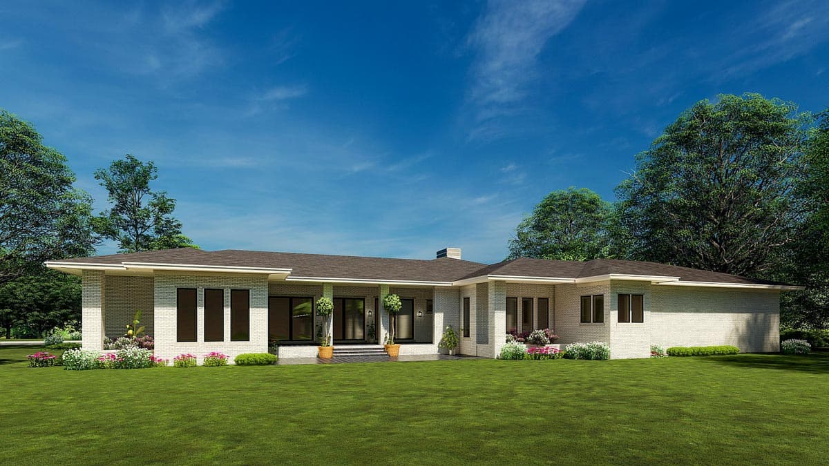 Modern ranch house plan exterior with white brick, wide eaves, covered porch, and numerous windows.