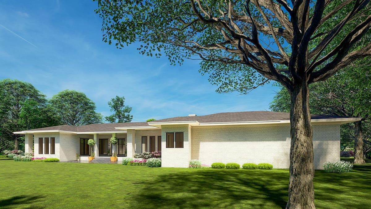House plan exterior: single-story, white brick, horizontal rooflines, prominent entry porch with columns, and multiple window groupings.