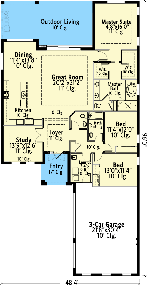 Plan 65676BS: Transitional Beach Home Plan with Study and Outdoor Living Space - Floor Plan - Main Level - Coastal, European, Florida-Style, Mediterranean, Southern, Transitional