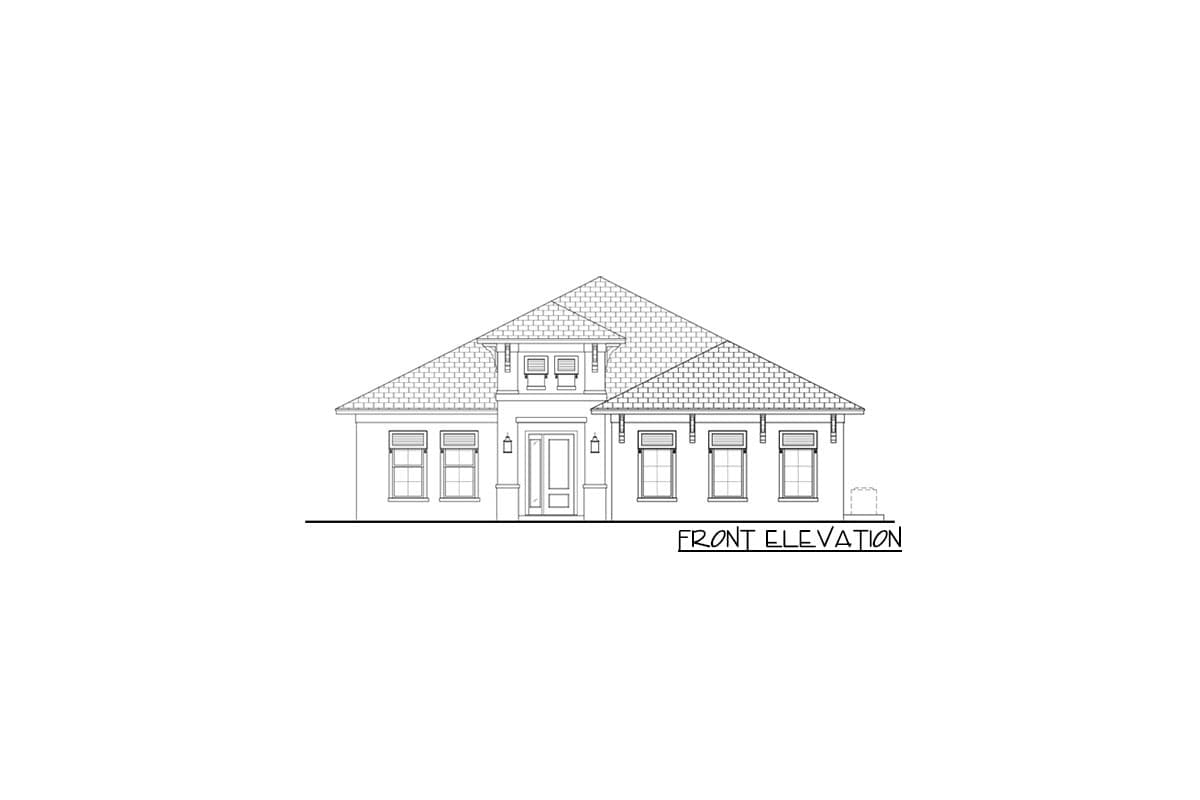 Front elevation drawing of a one-story house with a hipped roof, dormers, and a central covered entry.