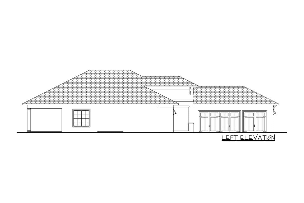 Left elevation drawing of a single-story house plan with a gable roof, single-car garage, and three-car garage.