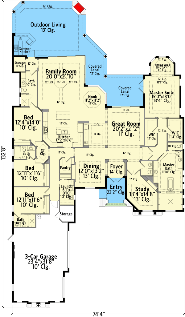Plan 65678BS: Mediterranean-style Southern Home Plan with Split Bedrooms and Study - Floor Plan - Main Level - Coastal, European, Florida-Style, Mediterranean, Southern, Transitional