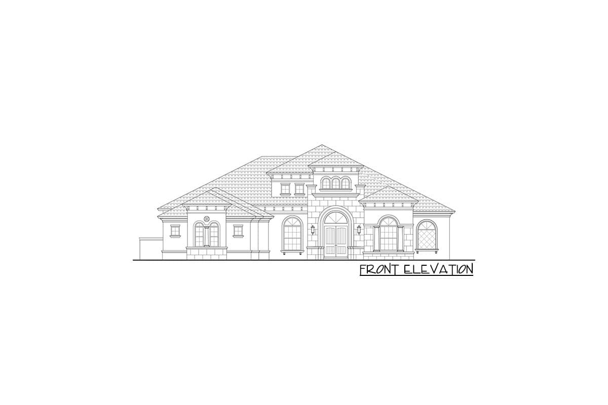 Front elevation drawing of a one-story house plan with a tile roof, arched windows, and a prominent central entrance with double doors.