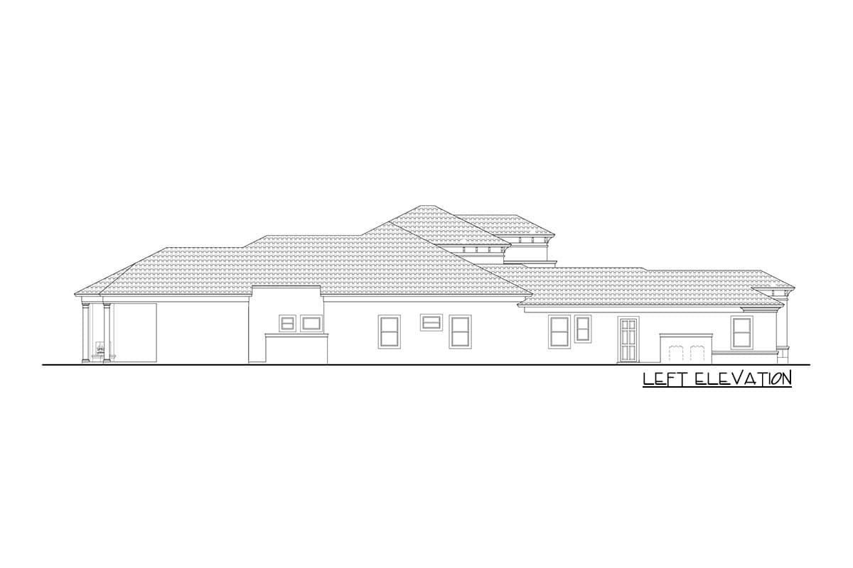 Left elevation drawing of a single-story house plan featuring a covered porch, multiple gables, and varied rooflines.