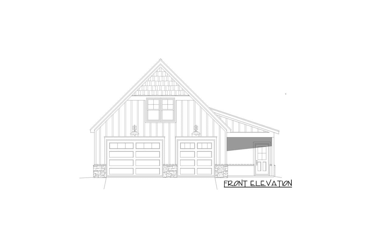 Front elevation house plan featuring a gable roof, board and batten siding, two garage doors, and a covered entry.