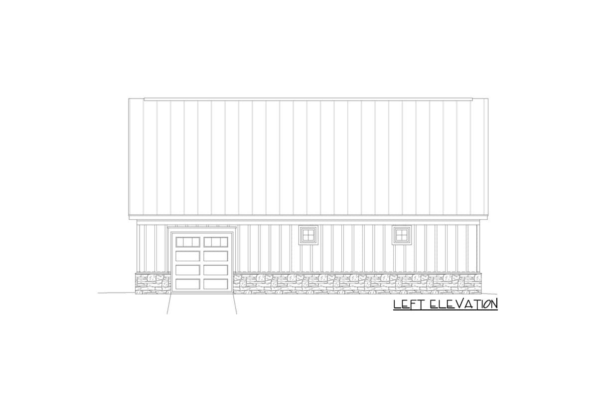 Left elevation drawing of a house plan with a garage door, two small square windows, and stone foundation.