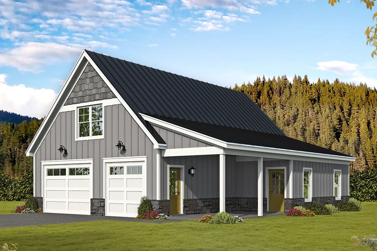 House plan exterior with Craftsman style, two-car garage, covered porch, board and batten siding, and gabled roof.