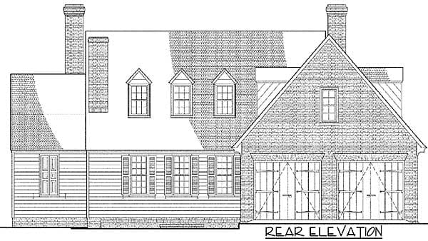 Rear elevation drawing of a two-story house plan featuring dormers, chimneys, and a two-car garage.