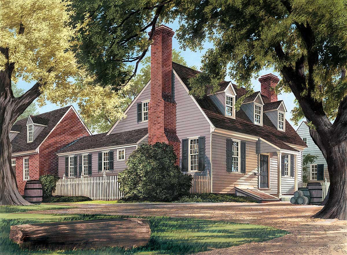 House plan exterior: Colonial style, two stories, brick accents, prominent chimney, and multiple dormers.