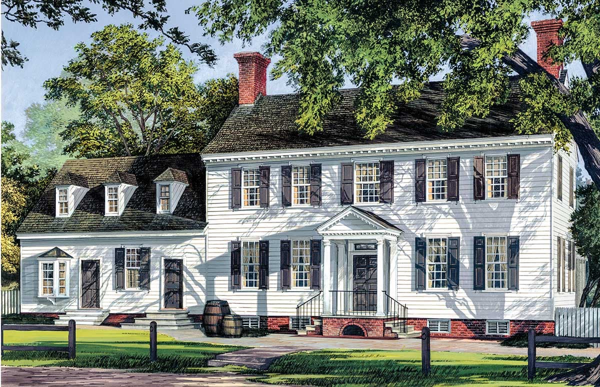 House plan exterior rendering of a two-story Colonial with gabled roof, dormers, and a porticoed entrance. Features multiple shuttered windows.