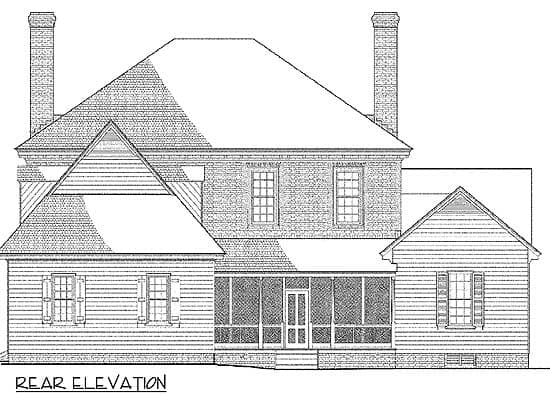 Rear elevation drawing of a two-story house with gables, dormers, chimneys, and a screened porch.