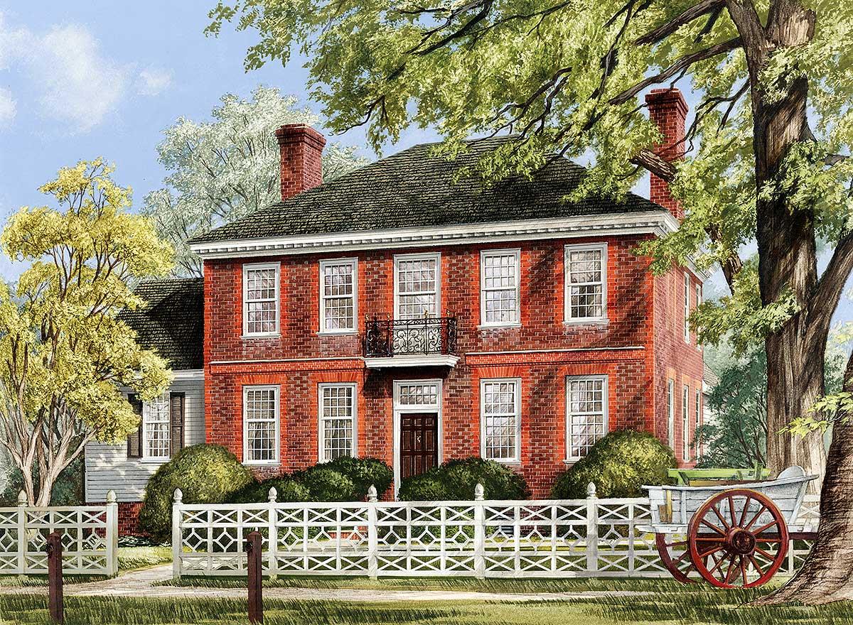 House plan exterior: Two-story brick Georgian style with prominent chimneys, central entry, and decorative balcony.