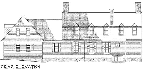 Rear elevation drawing of a two-story house with multiple gables, dormers, and brick chimneys.