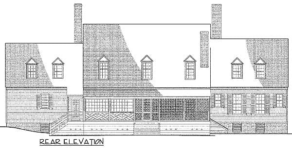 Rear elevation drawing of a two-story house with dormers, chimneys, and a wraparound screened porch.