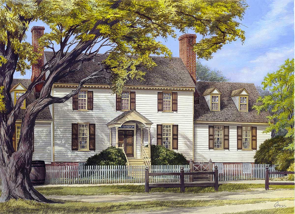 House plan exterior of a two-story Colonial Revival home with dormer windows, a prominent chimney, and a white picket fence.