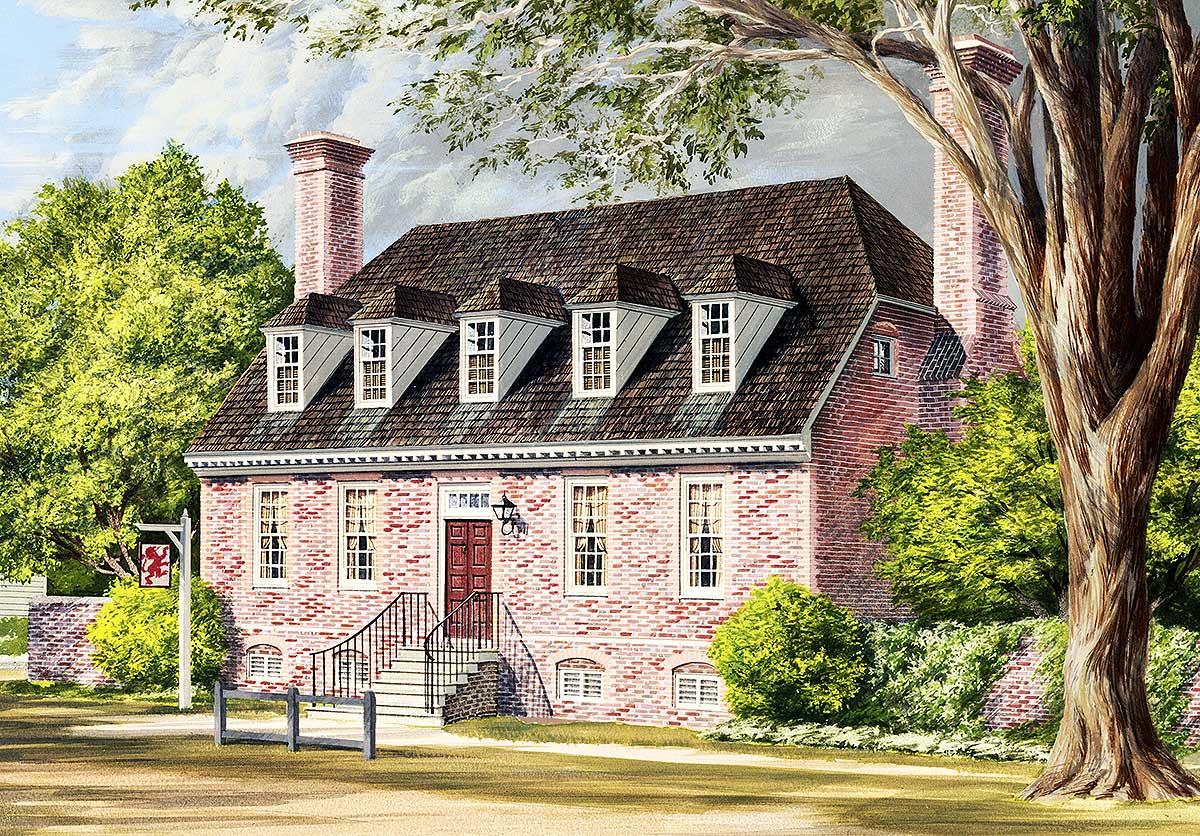 House plan exterior: Brick building with gambrel roof, five dormers, and central entrance with stoop and railing.