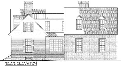 Rear elevation drawing of a two-story house with gabled roof, dormers, shutters, and brick and clapboard siding.