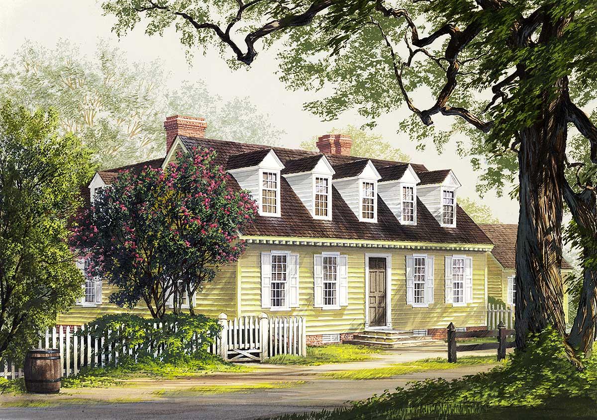House plan exterior rendering: Yellow two-story Colonial with dormers, shutters, and a central doorway.