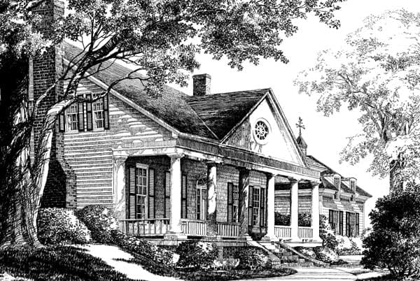 House plan exterior: Two-story Colonial Revival with central pediment, Doric columns, dormers, and prominent chimney.