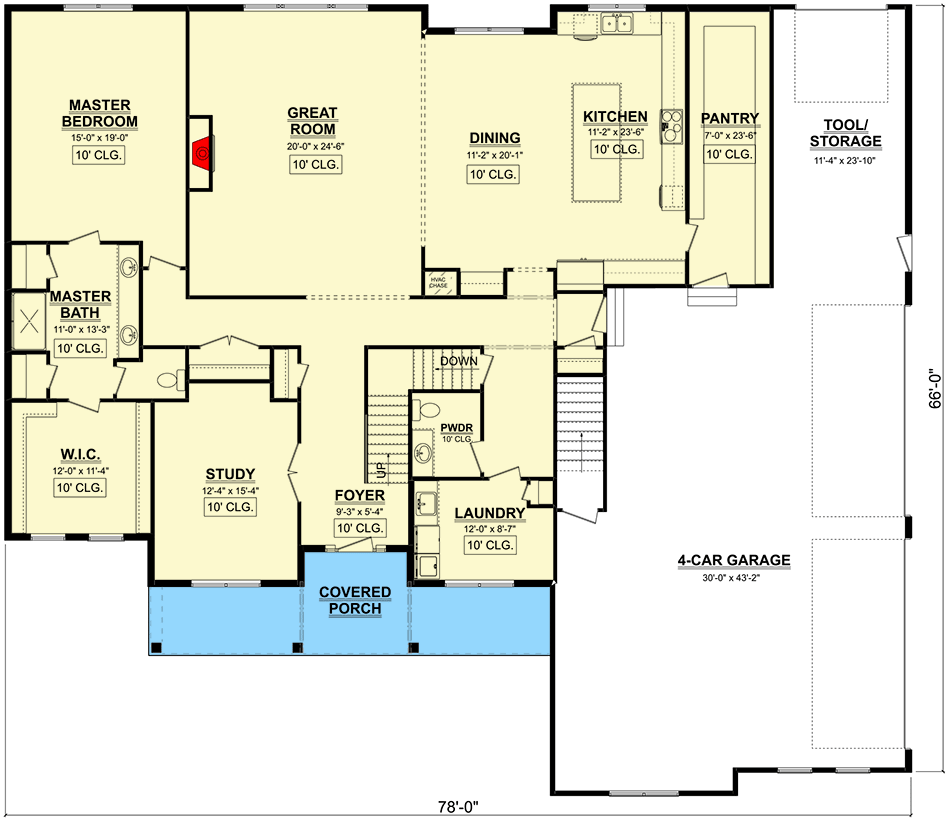 Plan 911009JVD: 4350 Square Foot Farmhouse Plan with 4 Bedrooms and an Upstairs Game Room - Floor Plan - Main Level - Country, Farmhouse, Modern Farmhouse, New American