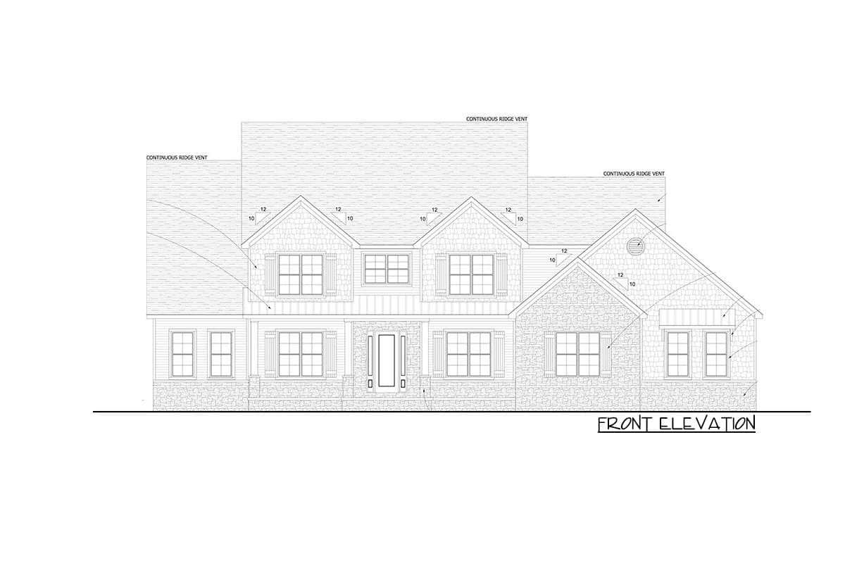 Front elevation drawing of a two-story house plan with multiple gables, stone and clapboard siding, and a covered entry.