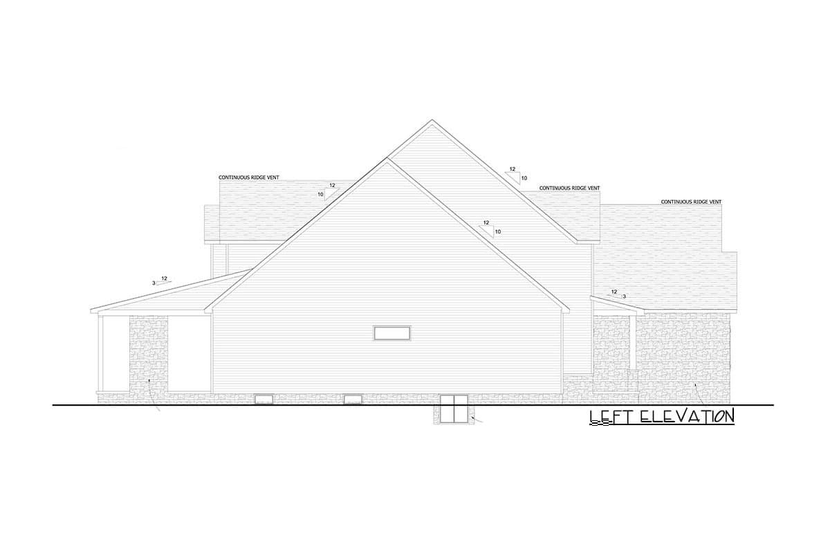 Left elevation drawing of a house plan showing pitched rooflines with continuous ridge vent and stone foundation.