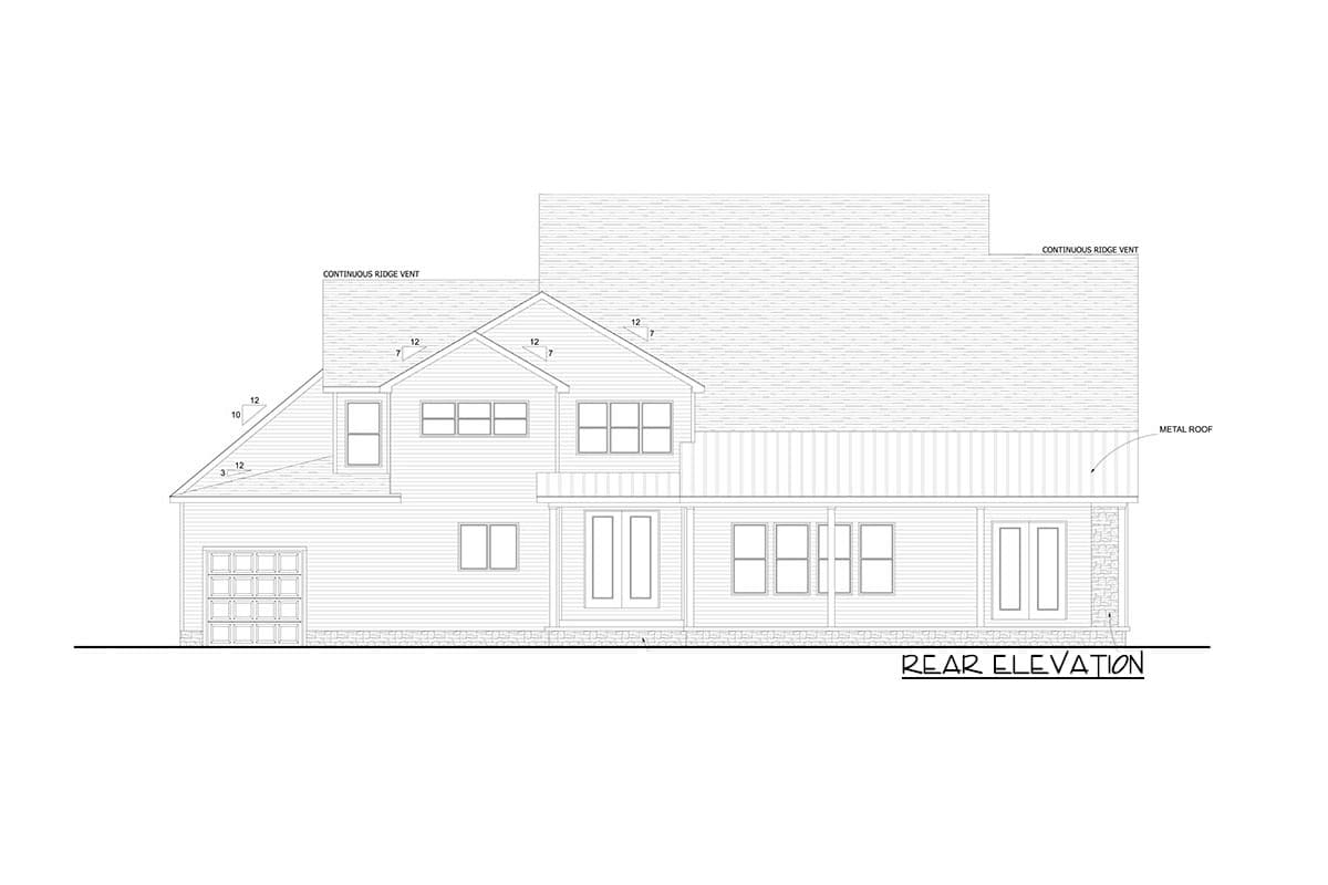 Rear elevation of a two-story house plan featuring a metal roof, gabled dormers, a side-entry garage, and double doors.