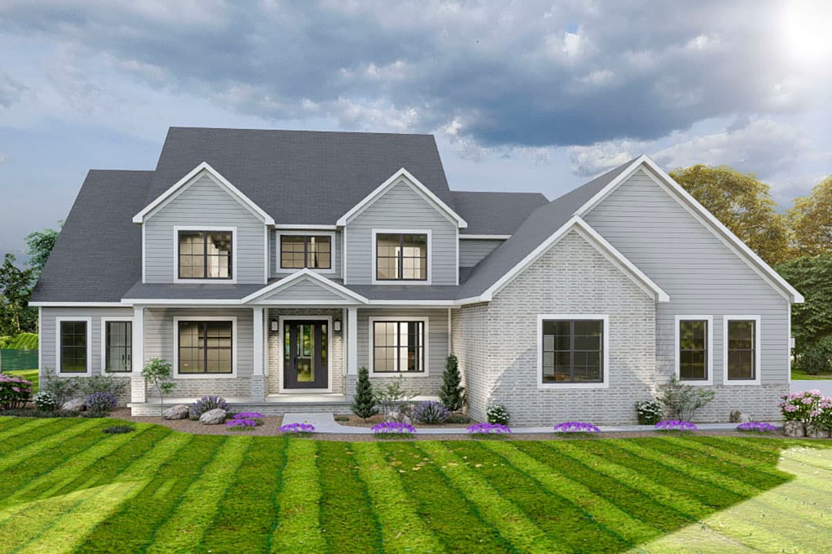 House plan exterior. Two-story home with front gables, brick and siding exterior, and a covered front porch.