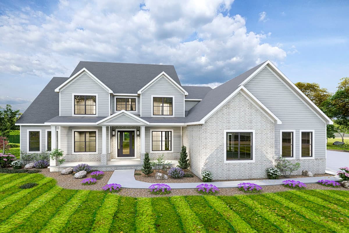 House plan exterior rendering: two-story home with a covered front porch, gables, dormers, and a mix of siding and brick.
