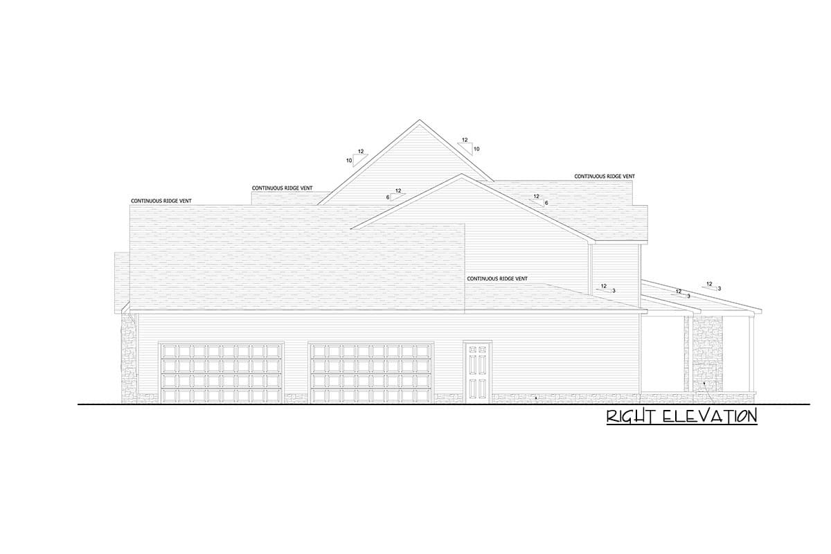 Right elevation house plan with two garage doors, a front door, covered porch with stone supports, and varied rooflines with continuous ridge vents.
