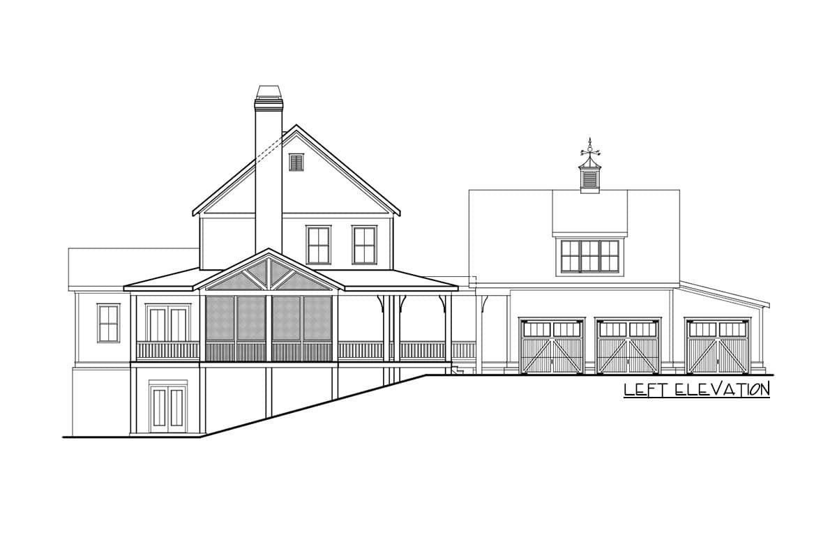 Left elevation house plan showing a two-story house with a screened porch and a three-car garage.