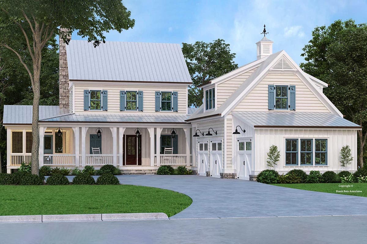 House plan exterior. Two-story Modern Farmhouse with a front porch, gabled roof, and attached garage. Includes board and batten siding and a metal roof.