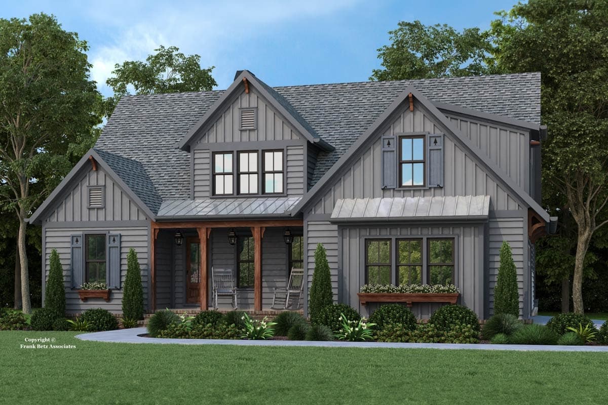 House plan exterior. Two-story Modern Farmhouse with gabled roof, covered porch, and board-and-batten siding. Features include dormers and shutters.