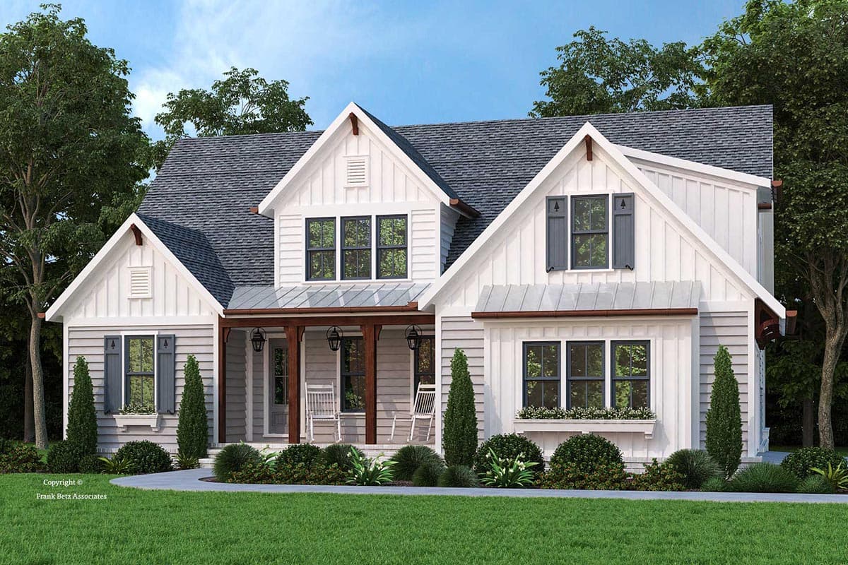 Modern Farmhouse house plan exterior with a gabled roof, covered porch with wood posts, and board and batten siding.