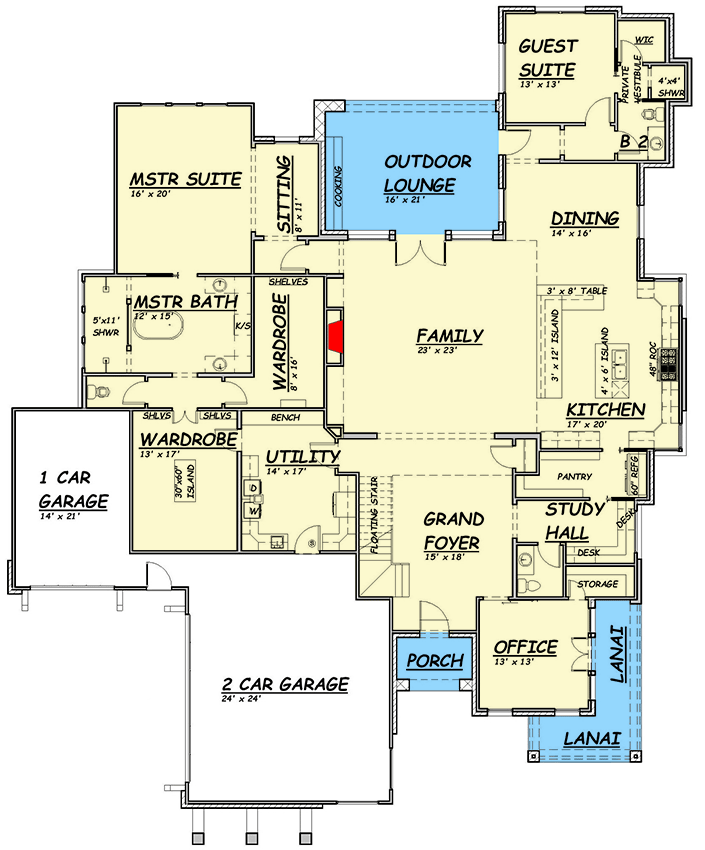 Plan 36661TX: Contemporary Country House Plan with 3-Car Garage and Home Office - Floor Plan - Main Level - Contemporary, European, Transitional
