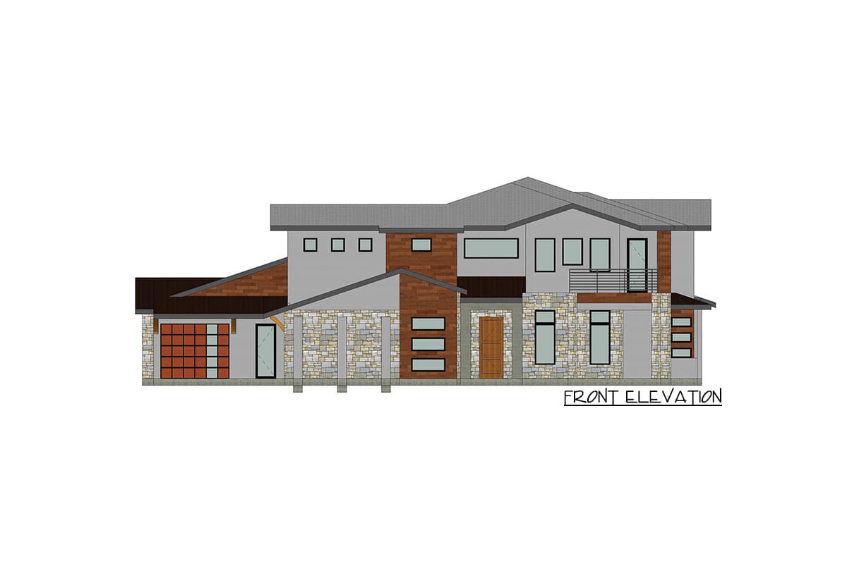 Front elevation of a two-story modern house plan with stone and wood accents, multiple gables, and varied window sizes.
