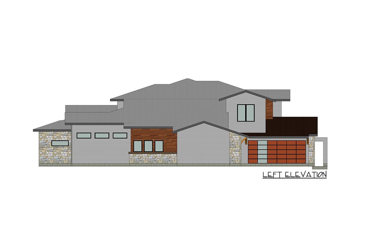 Left elevation of a two-story house plan featuring stone and wood siding, multiple windows, and a segmented garage door.