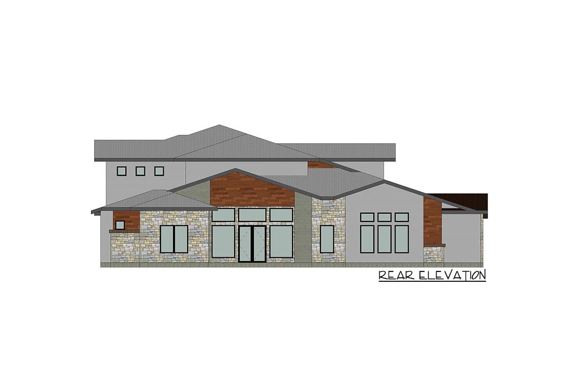 Rear elevation house plan with stone and wood accents, varied rooflines, and numerous windows.