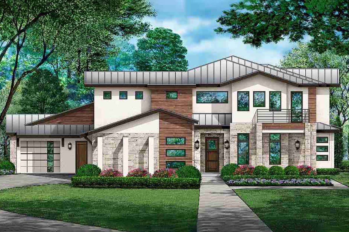 House plan exterior. Two-story modern style home with flat rooflines, stone facade, wood accents, and attached garage.