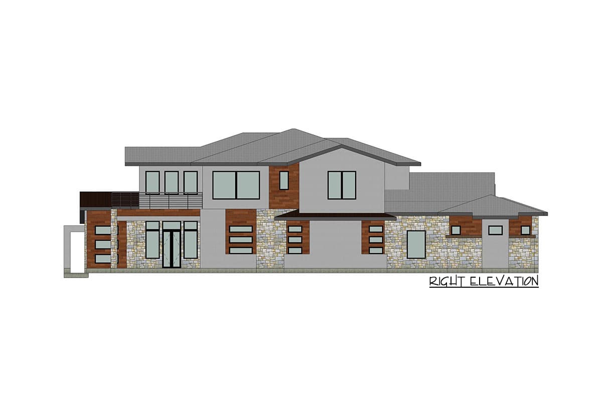 Right elevation of a two-story modern house plan with stone and wood accents, large windows, and a balcony.