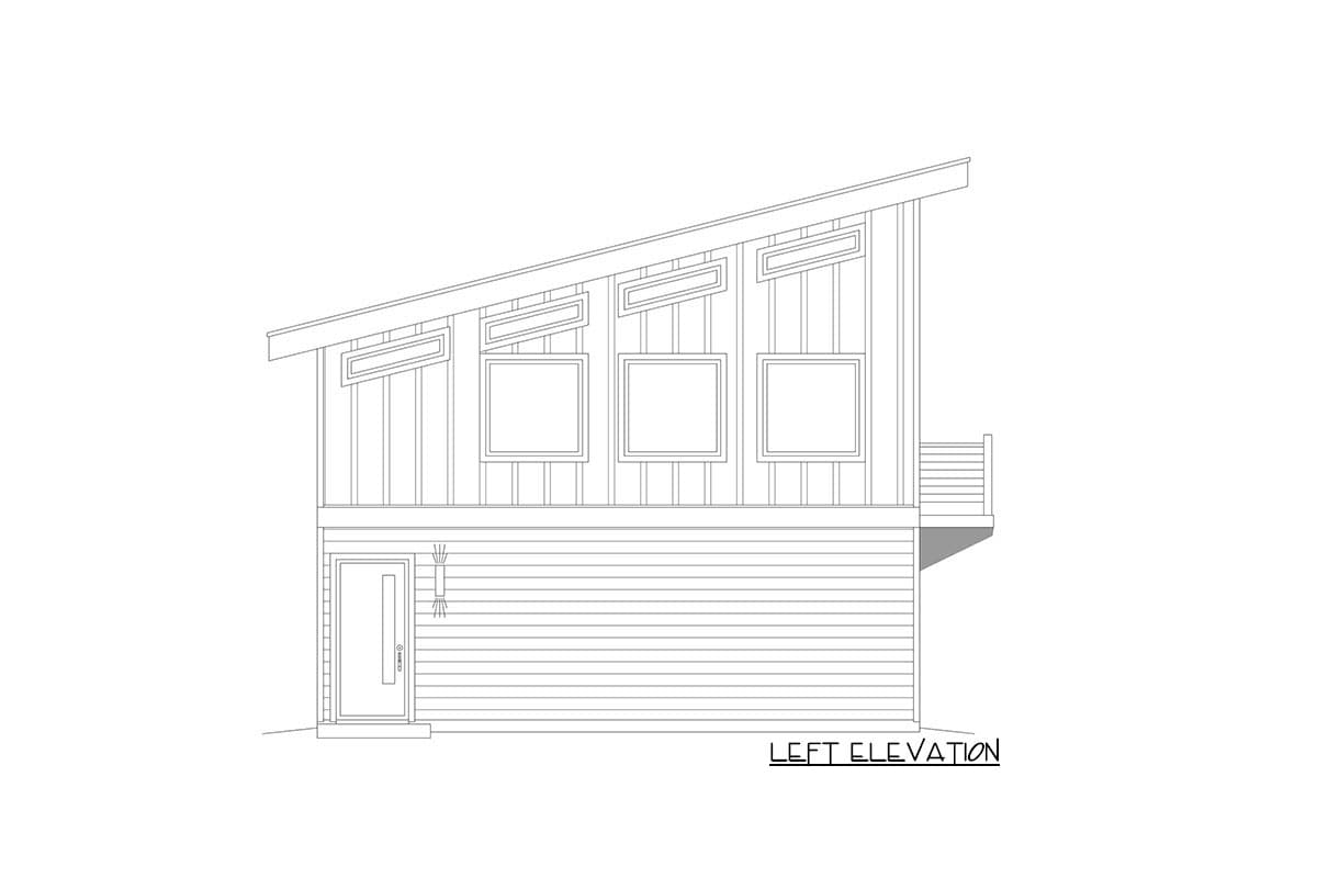 Left elevation drawing of a two-story house with a sloping roofline, vertical siding, and horizontal siding.