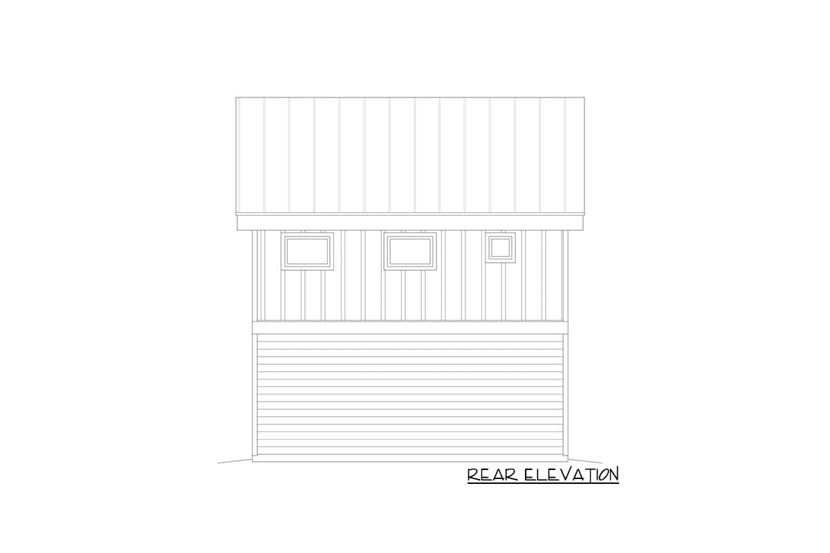 Rear elevation drawing of a house plan featuring horizontal siding on the lower level and vertical siding with three windows on the upper level.