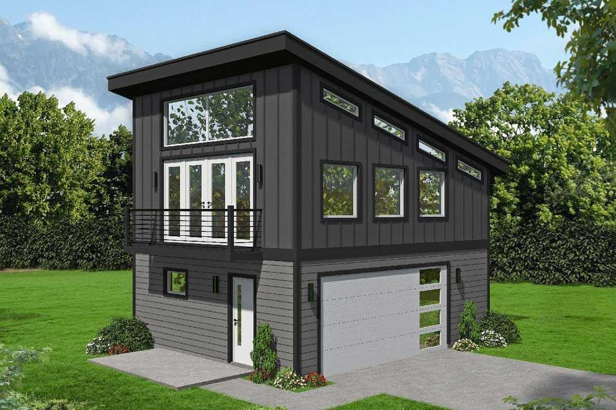 House plan exterior. Modern two-story design with a flat roof, balcony, large windows, and an attached garage.