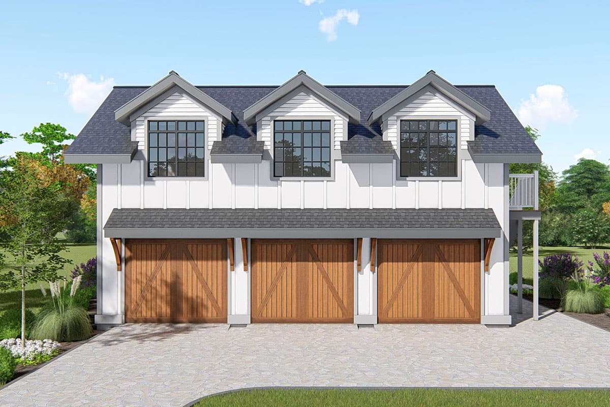 House plan exterior. Two-story Modern Farmhouse with three dormers, three-car garage, and shed roof over garage doors. Exterior balcony.