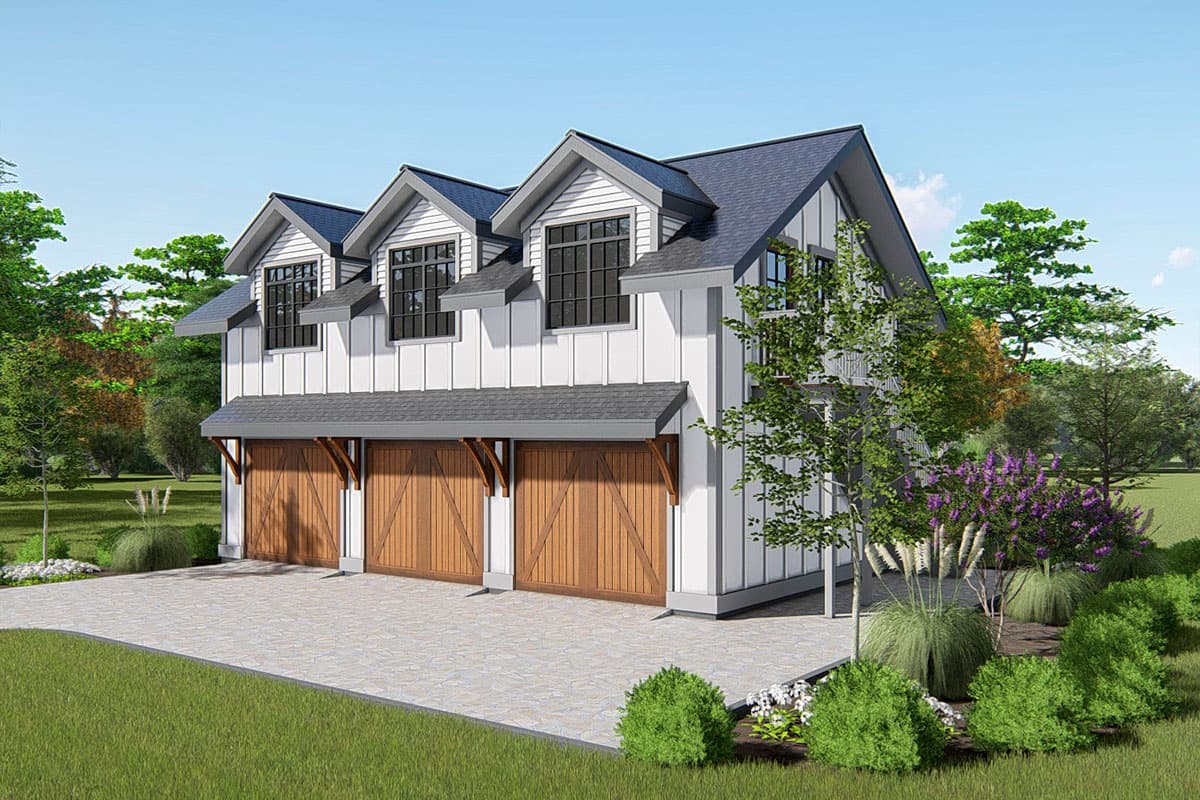 Modern Farmhouse house plan exterior with three garage doors, white board-and-batten siding, and dormer windows.