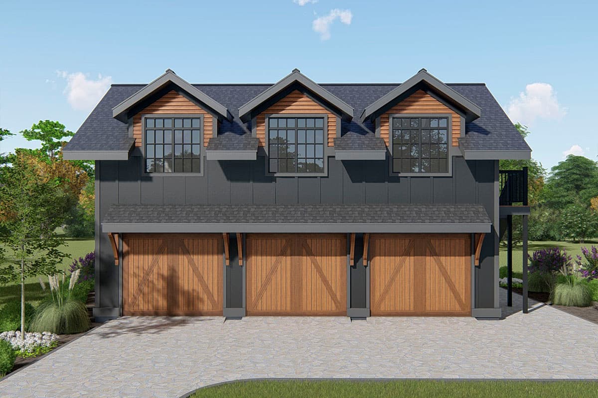 House plan exterior of a modern farmhouse style building with three wooden garage doors, dormer windows, and dark gray siding.