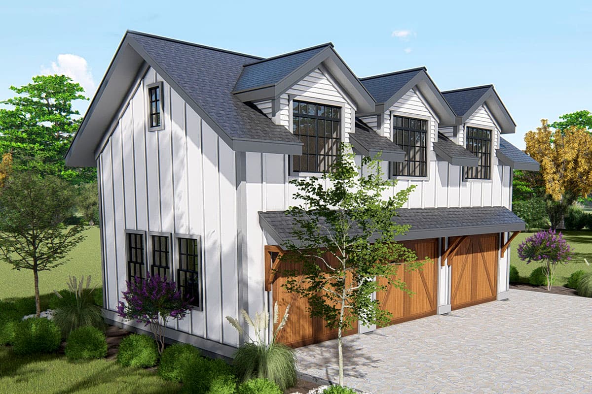 House plan exterior: Modern farmhouse style, two stories, white vertical siding, three gables, and a double garage.