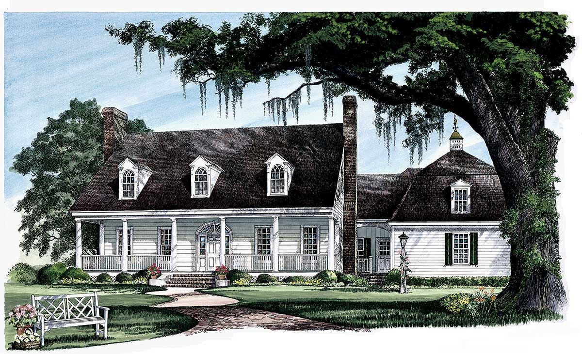 House plan exterior: Ranch style, one story, wraparound porch, dormer windows, brick chimney, and gabled roof.