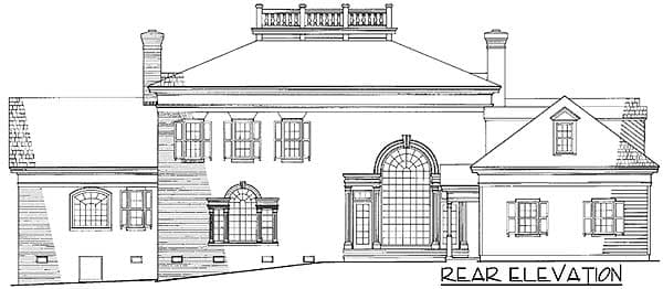 Rear elevation drawing of a multi-story house with classical features, including a central arched window and decorative roof balustrade.